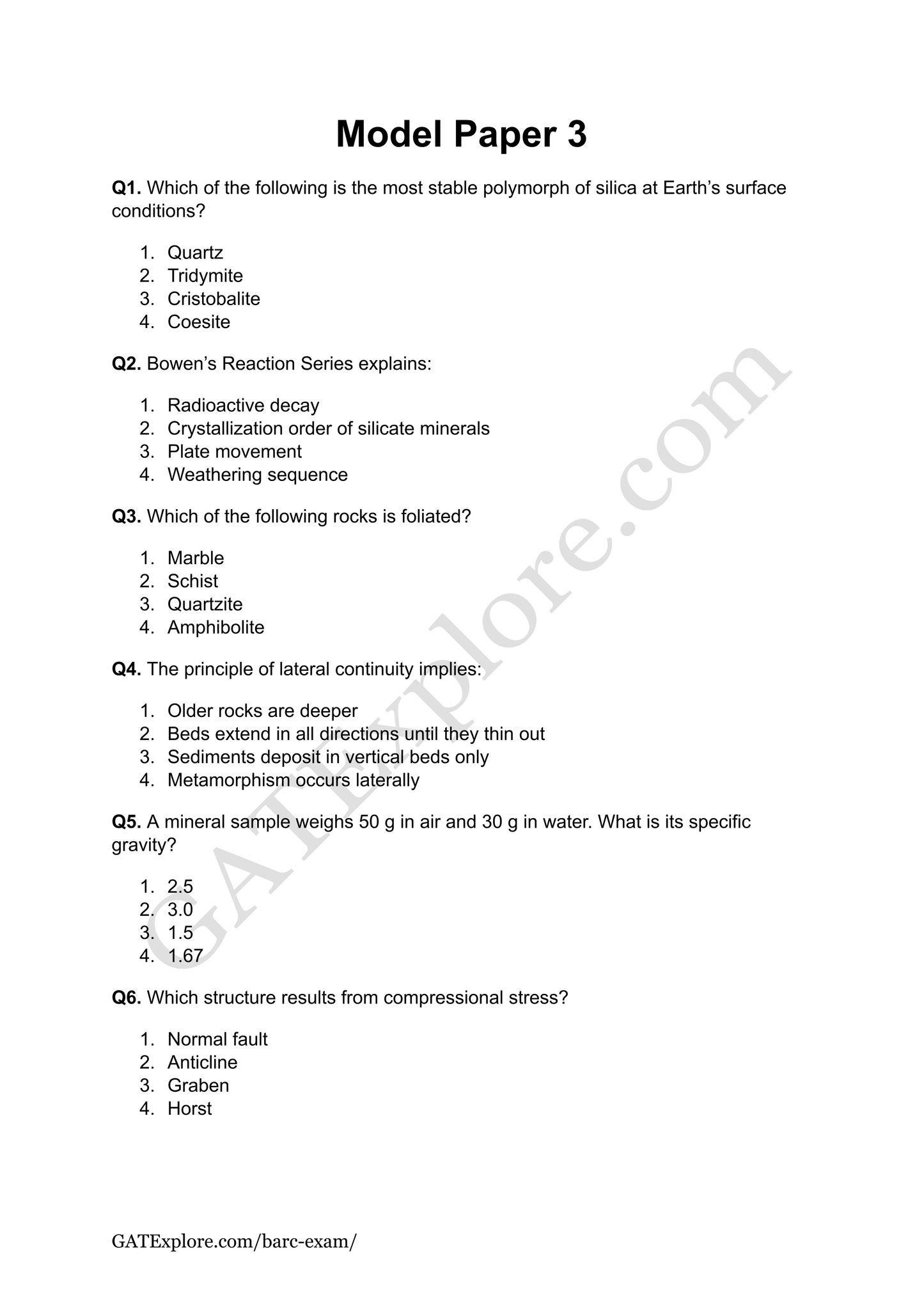 BARC Exam 2026 (OCES/DGFS) Geology Model Question Papers with Answer Key (PYQ)