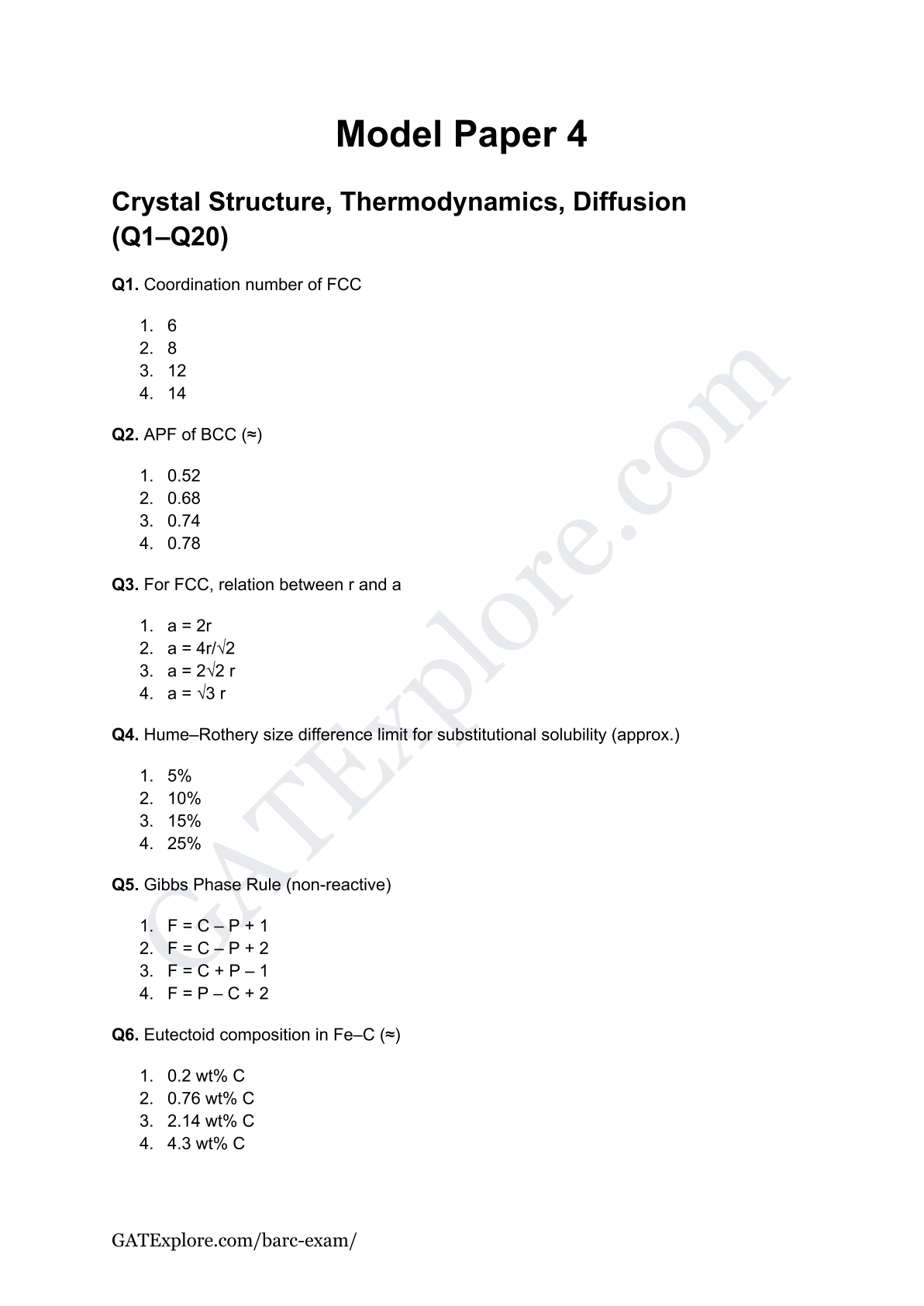 BARC Exam 2026 (OCES/DGFS) Metallurgical Model Question Papers with Answer Key (PYQ)
