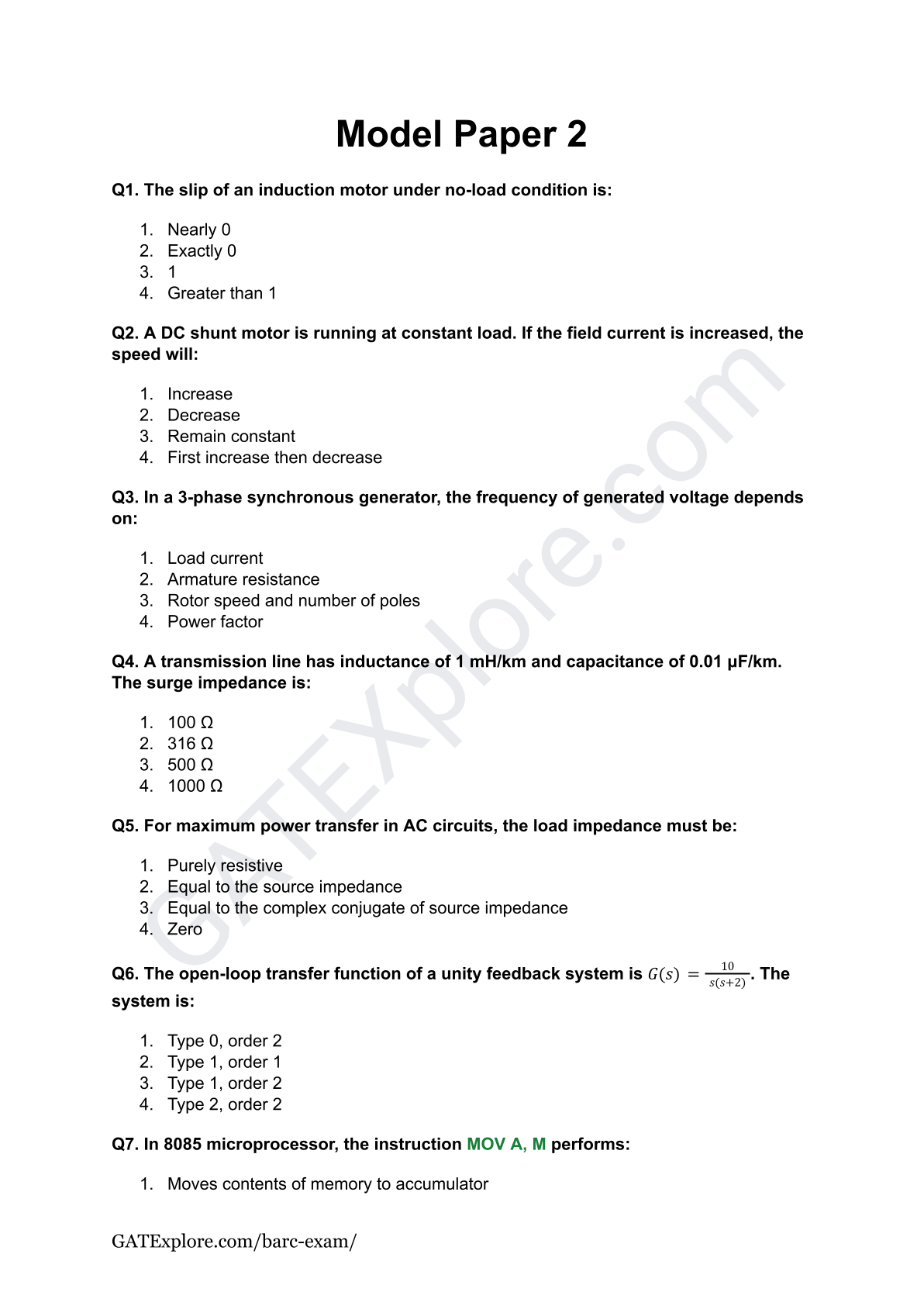 BARC Exam 2026 (OCES/DGFS) Electrical Model Question Papers with Answer Key