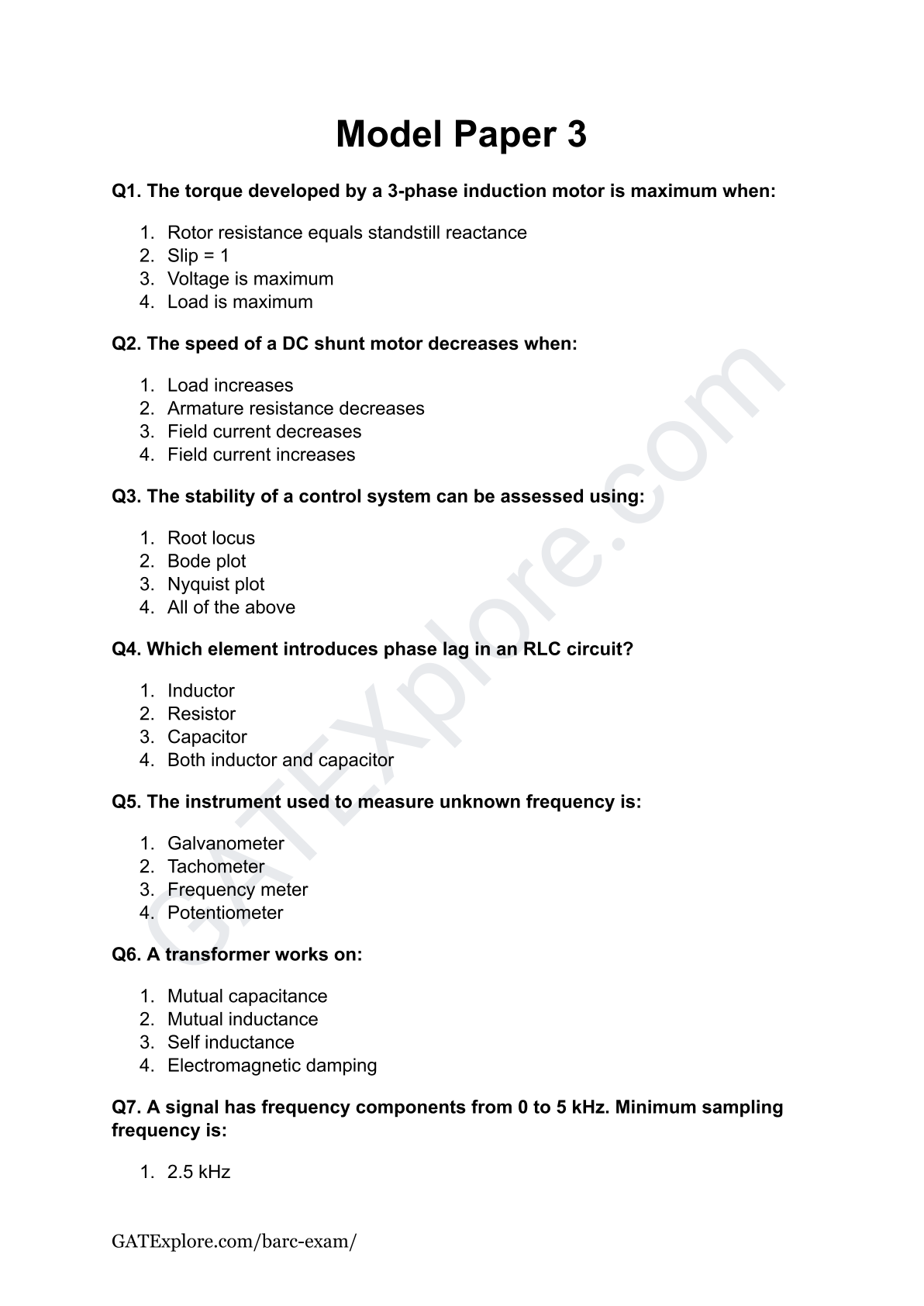 BARC Exam 2026 (OCES/DGFS) Electrical Model Question Papers with Answer Key