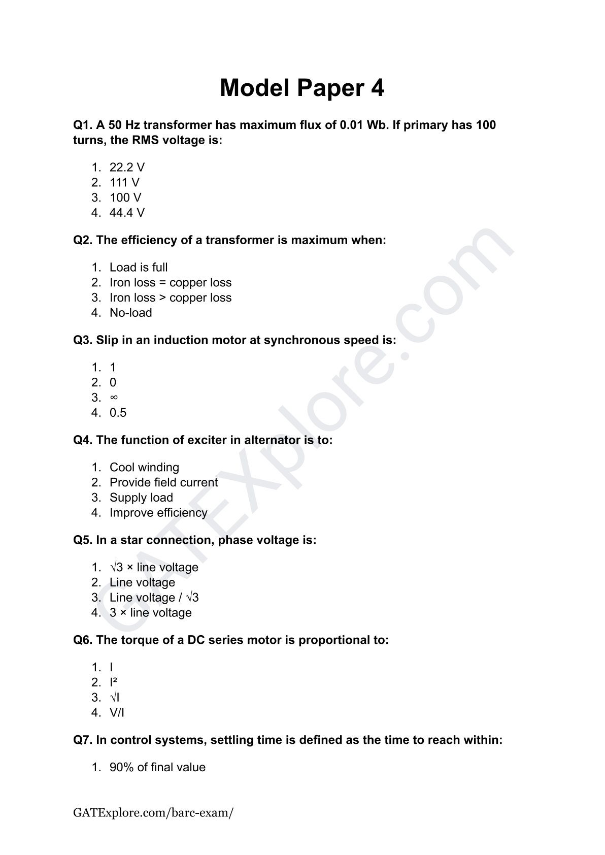 BARC Exam 2026 (OCES/DGFS) Electrical Model Question Papers with Answer Key