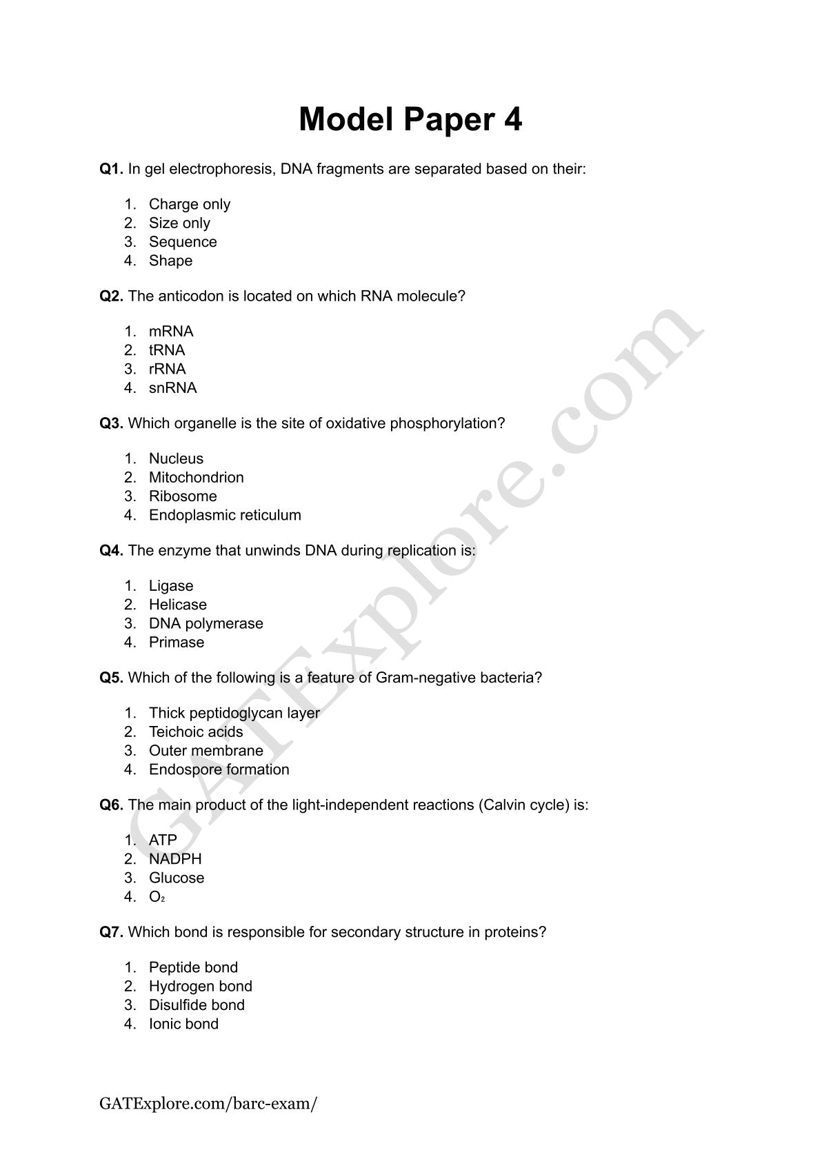 BARC Exam 2026 (OCES/DGFS) BioScience Model Question Papers with Answer Key (PYQ) - GATExplore Store