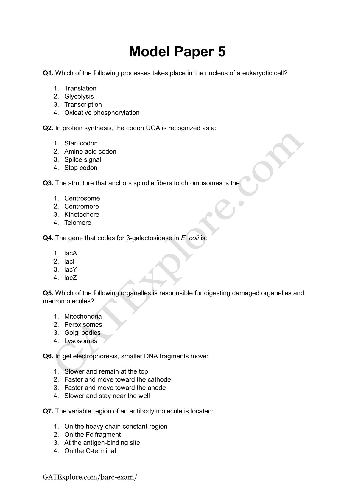 BARC Exam 2026 (OCES/DGFS) BioScience Model Question Papers with Answer Key (PYQ) - GATExplore Store