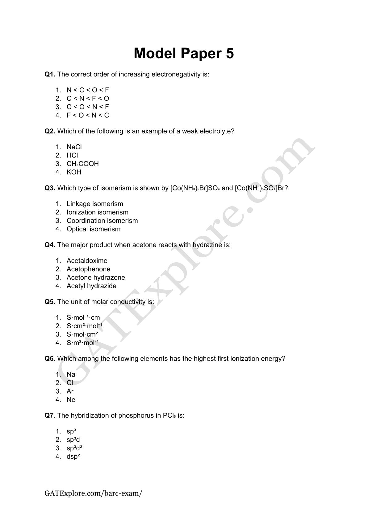 BARC Exam 2026 (OCES/DGFS) CHEMISTRY Model Question Papers with Answer Key (PYQ) - GATExplore Store
