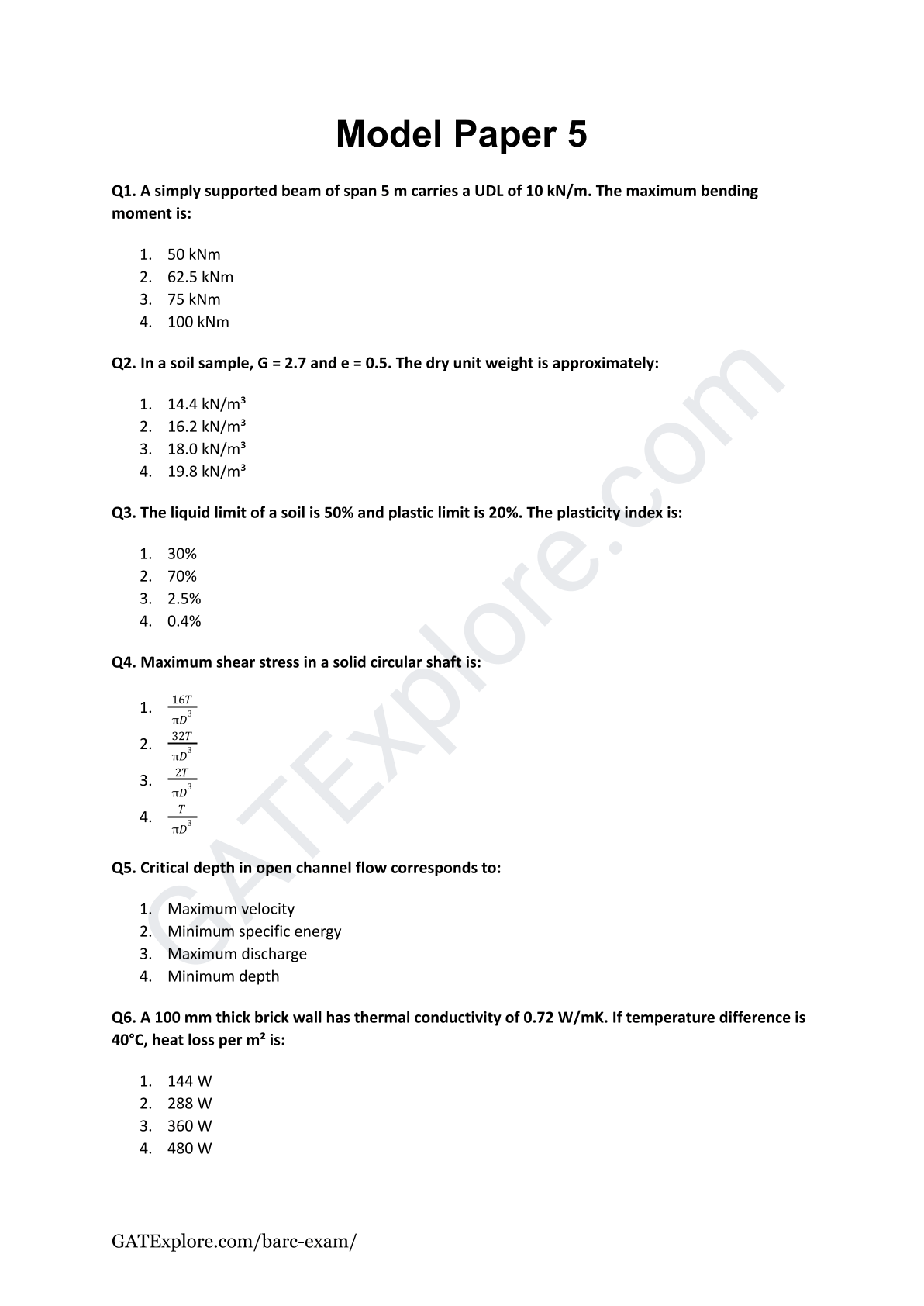 BARC Exam 2026 (OCES/DGFS) CIVIL Model Question Papers with Answer Key (PYQ) - GATExplore Store