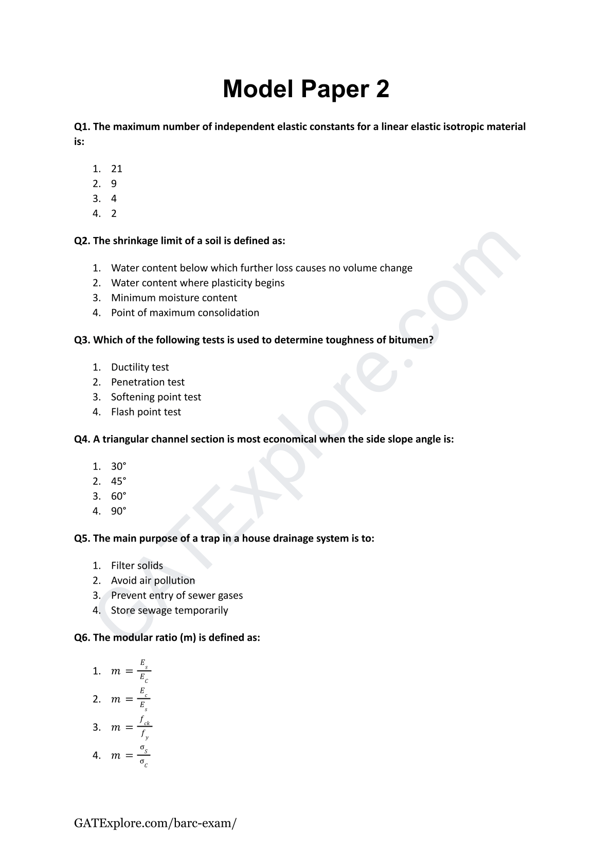 BARC Exam 2026 (OCES/DGFS) CIVIL Model Question Papers with Answer Key (PYQ) - GATExplore Store