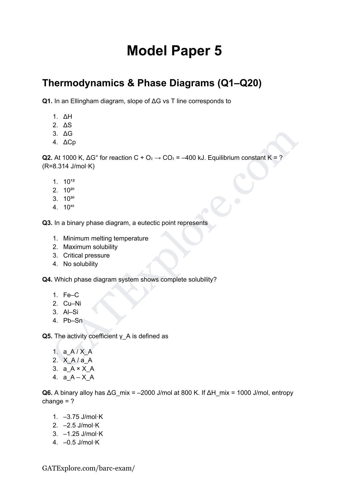 BARC Exam 2026 (OCES/DGFS) Metallurgical Model Question Papers with Answer Key (PYQ) - GATExplore Store