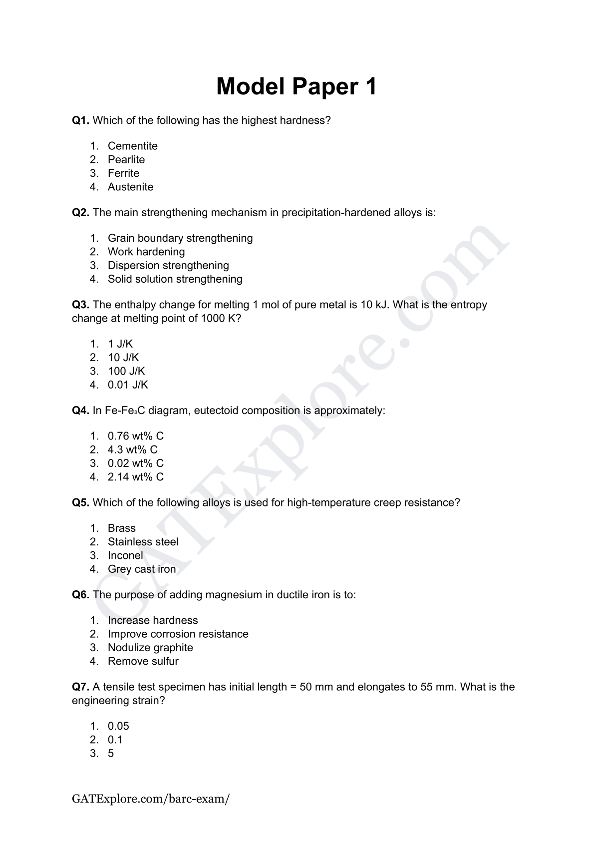 BARC Exam 2026 (OCES/DGFS) Metallurgical Model Question Papers with Answer Key (PYQ) - GATExplore Store