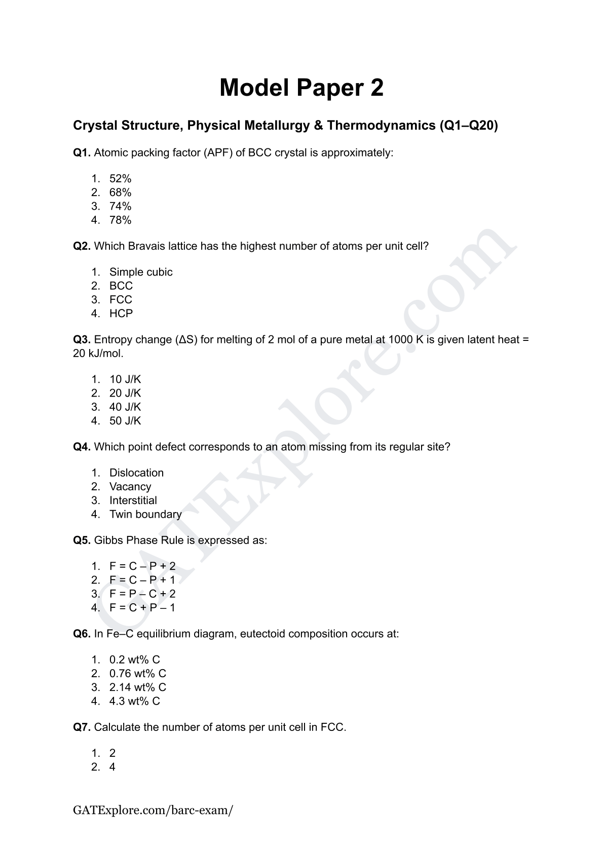 BARC Exam 2026 (OCES/DGFS) Metallurgical Model Question Papers with Answer Key (PYQ) - GATExplore Store