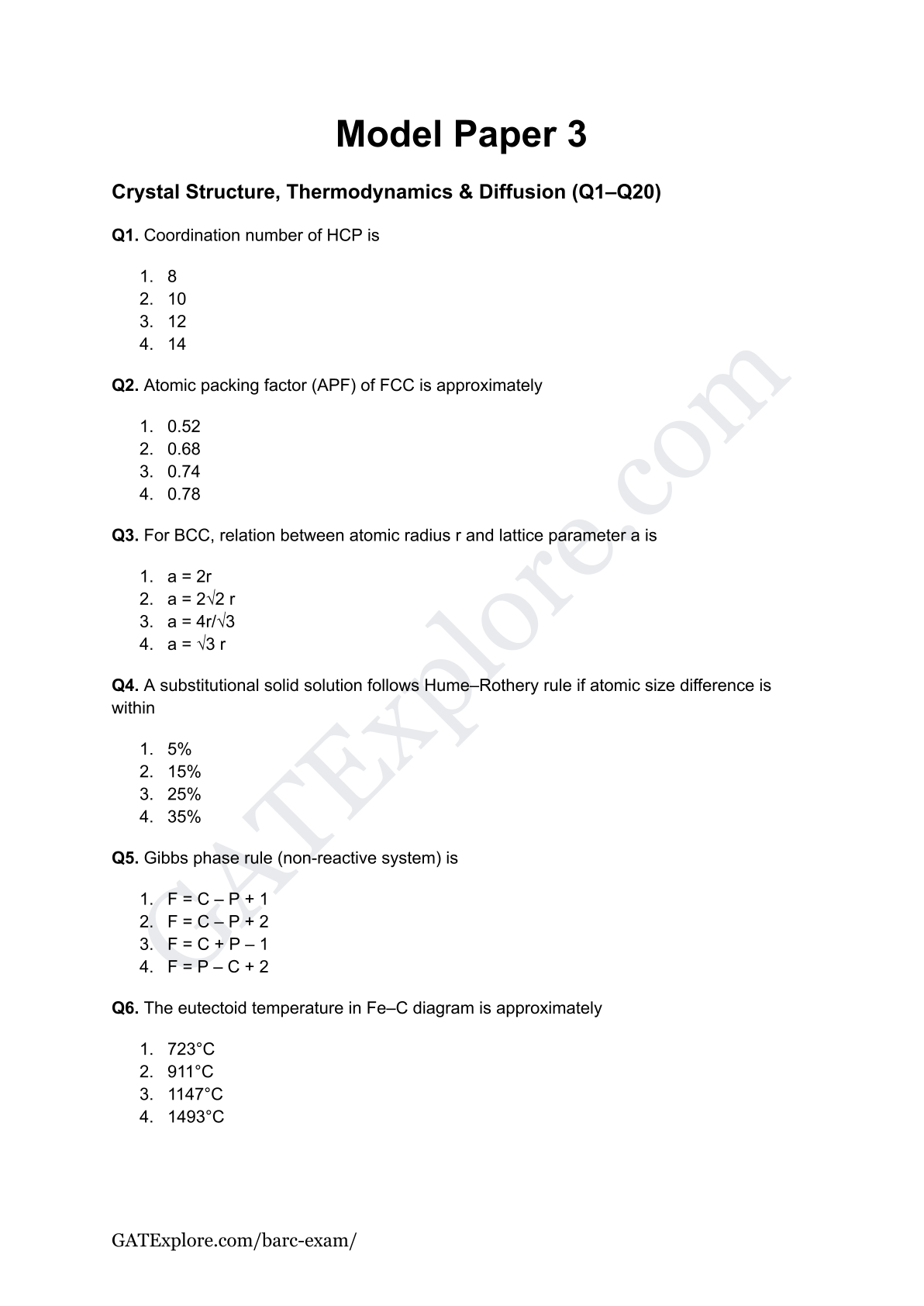 BARC Exam 2026 (OCES/DGFS) Metallurgical Model Question Papers with Answer Key (PYQ) - GATExplore Store