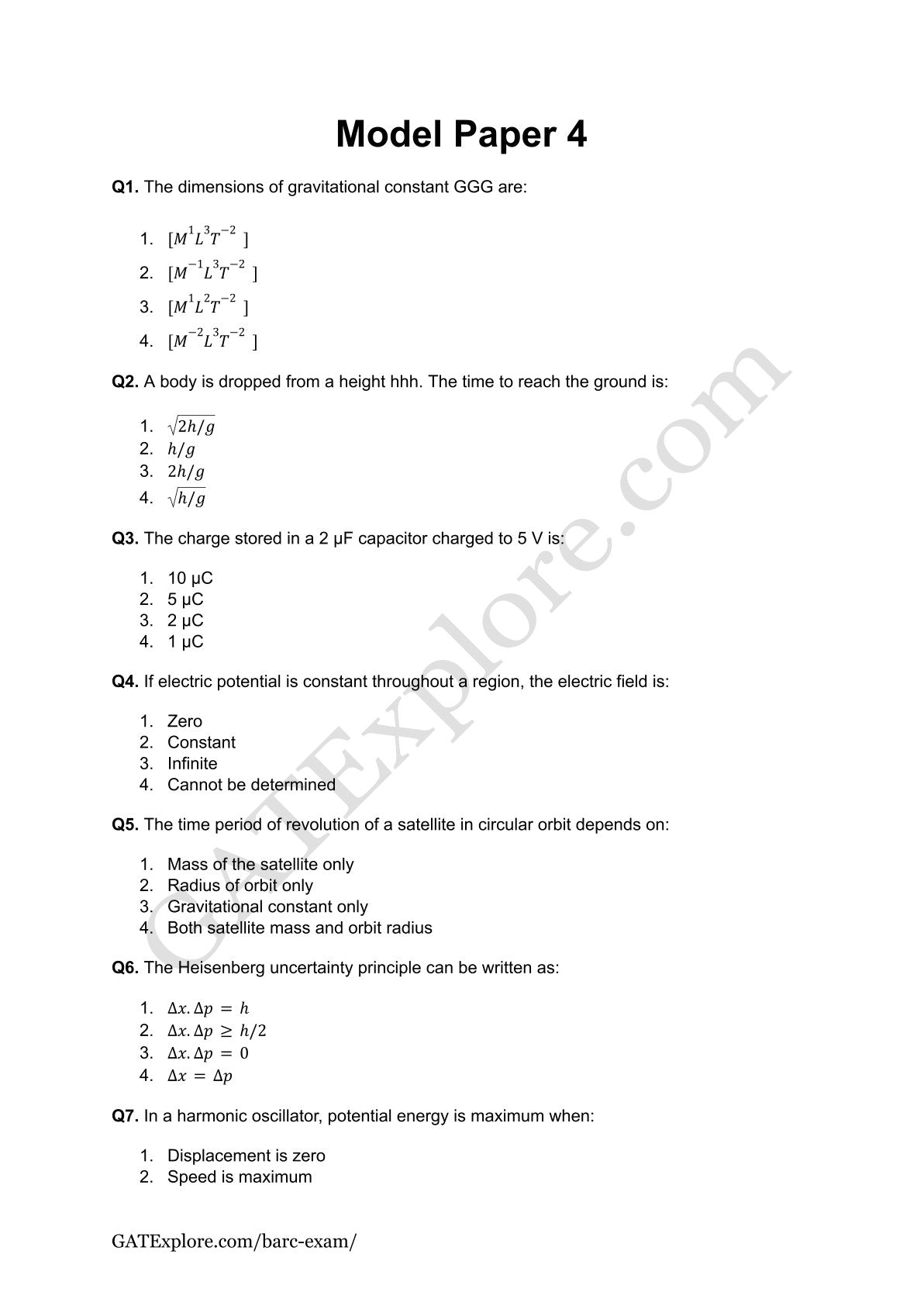 BARC Exam 2026 (OCES/DGFS) PHYSICS Model Question Papers with Answer Key (PYQ) - GATExplore Store