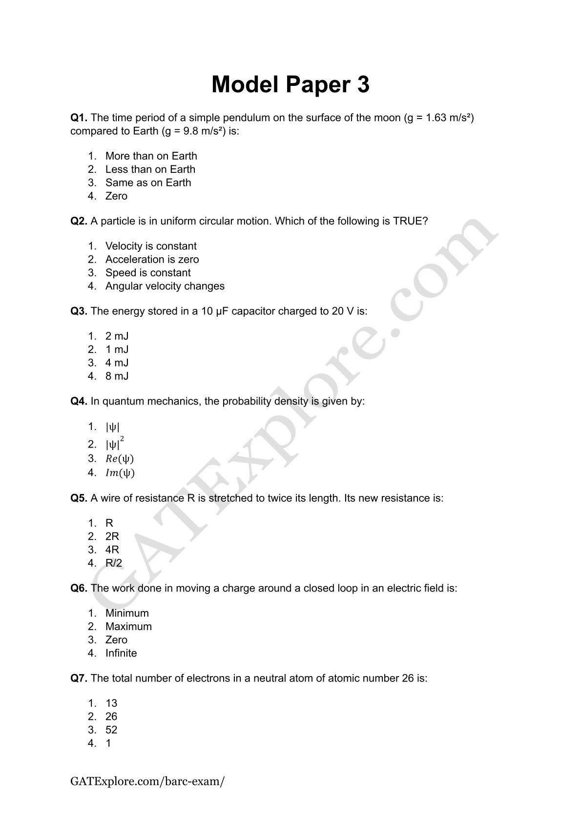 BARC Exam 2026 (OCES/DGFS) PHYSICS Model Question Papers with Answer Key (PYQ) - GATExplore Store