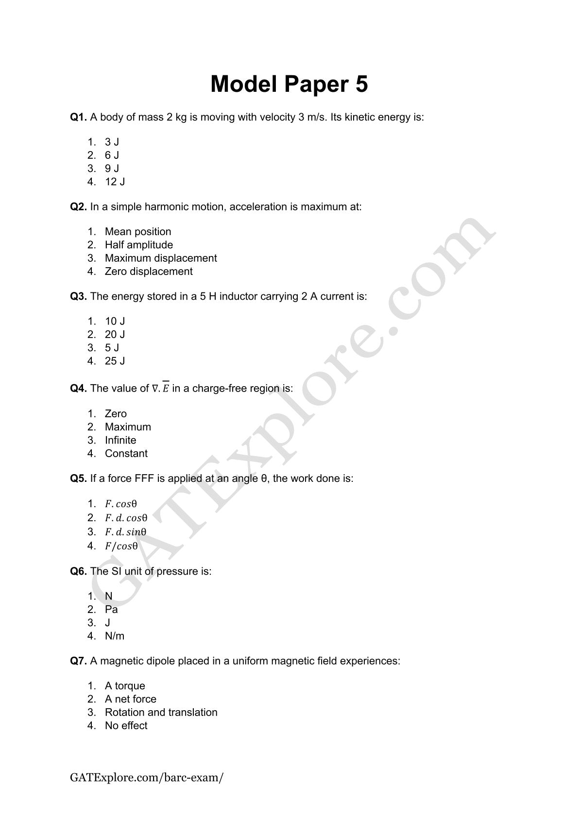 BARC Exam 2026 (OCES/DGFS) PHYSICS Model Question Papers with Answer Key (PYQ) - GATExplore Store