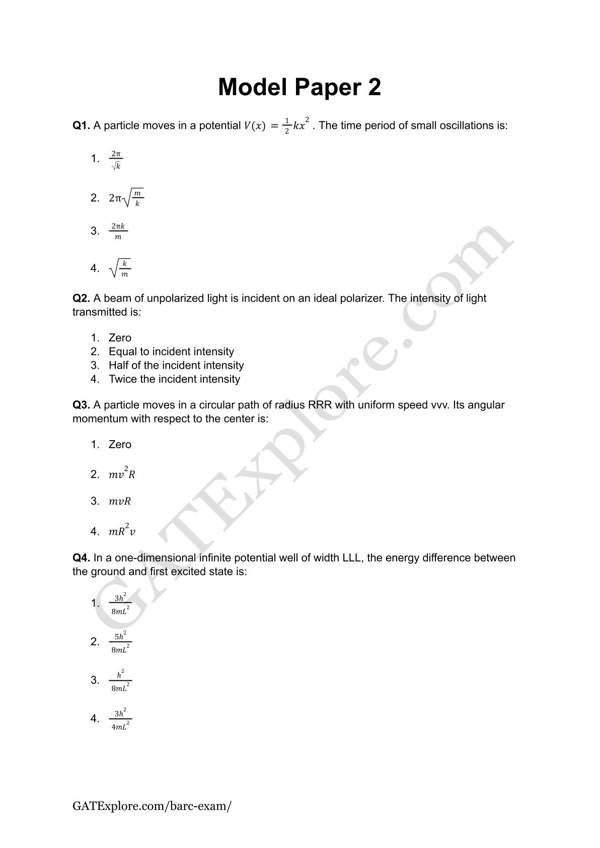 BARC Exam 2026 (OCES/DGFS) PHYSICS Model Question Papers with Answer Key (PYQ) - GATExplore Store