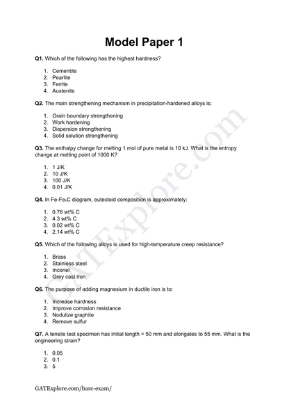 BARC Exam 2026 (OCES/DGFS) Metallurgical Model Question Papers with Answer Key (PYQ) - GATExplore Store