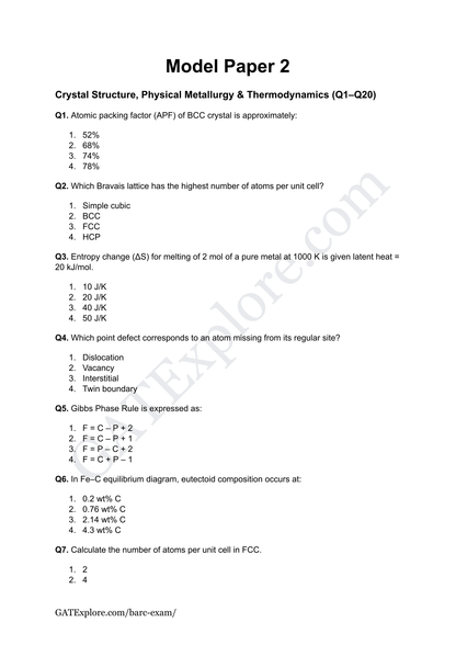 BARC Exam 2026 (OCES/DGFS) Metallurgical Model Question Papers with Answer Key (PYQ) - GATExplore Store